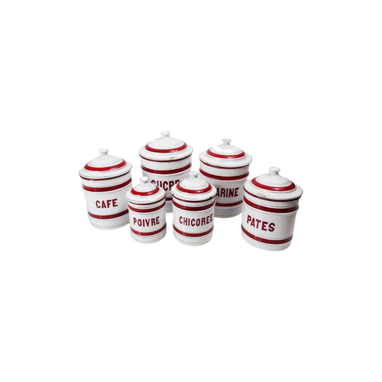 Antique French Art Deco Enamel Kitchen Canisters – Set of 6