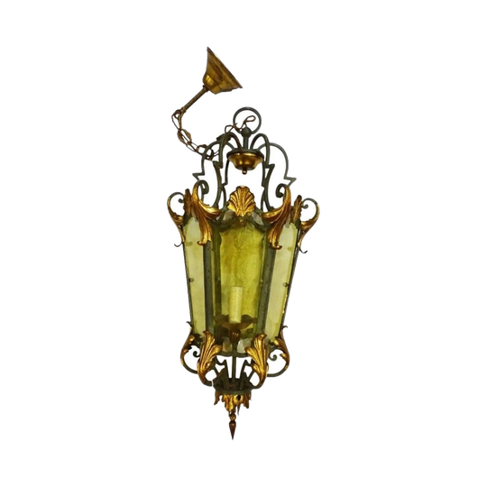 Large Early 20th Century French Wrought Iron Lantern with Gilt Highlights and Light Yellow Glass