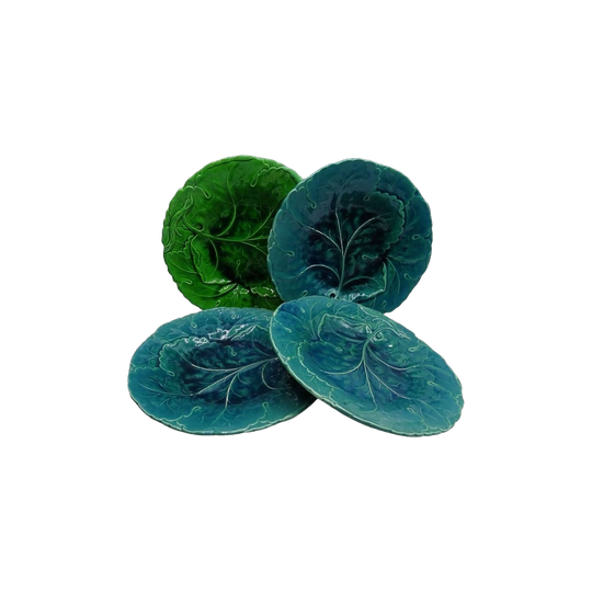 Antique Minton Majolica Cabbage Leaf Plates, Set of 4, Green, 22 cm