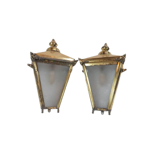 Pair of Vintage English Brass Wall Lanterns with Opaque Glass, Approx. 47 cm H