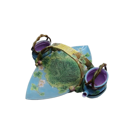 Antique George Jones Majolica Strawberry Server, 3-Piece Set with Sugar Bowl and Cream Jug