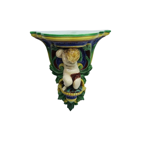 Pair of Antique Minton Majolica Wall Brackets with Opposing Cherubs