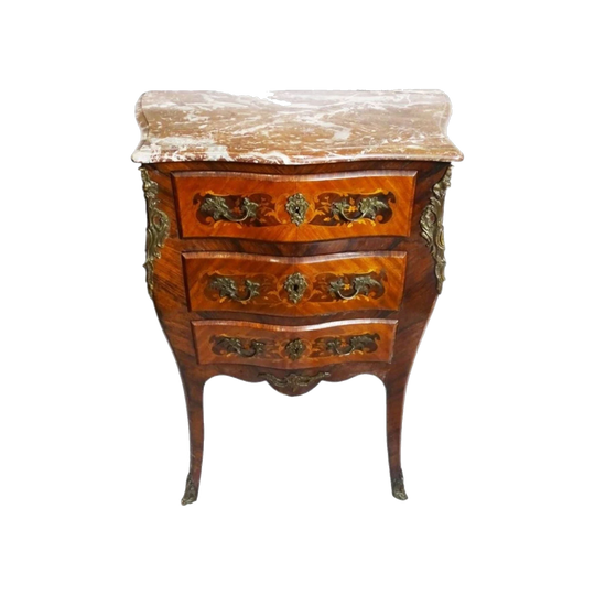 Antique French Marquetry Commode with Rouge Marble Top, Small-Scale, c.1920s