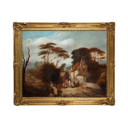 Large Antique British School Landscape with Figures, Oil on Canvas, Original Frame, Faint Signature – ART 110