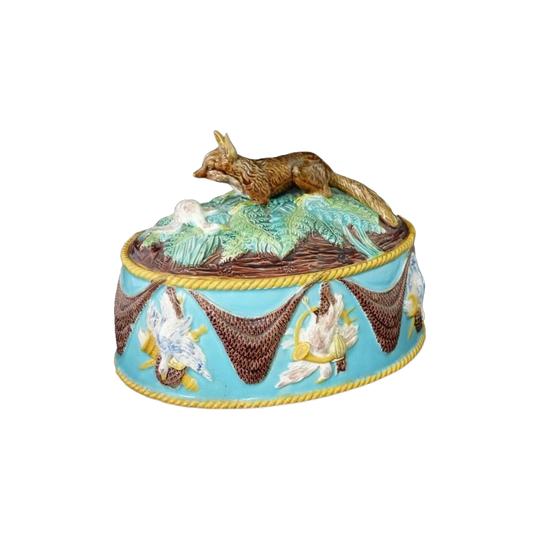 Antique English George Jones Majolica Fox Game Pie Dish