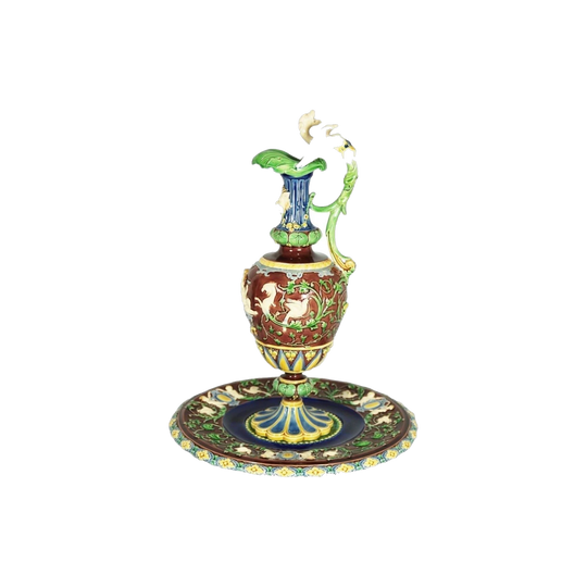 Antique Minton Majolica Ewer and Underplate, Renaissance Style, Modelled by Emile Jeannest, Stamped ‘Minton 472’