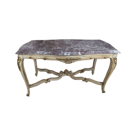 Antique French Provincial Carved Timber Coffee Table with Rouge Marble Top, c.1900