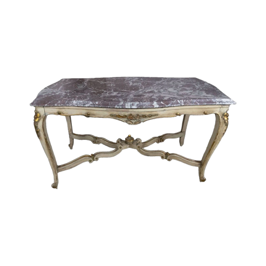 Antique French Provincial Carved Timber Coffee Table with Rouge Marble Top, c.1900