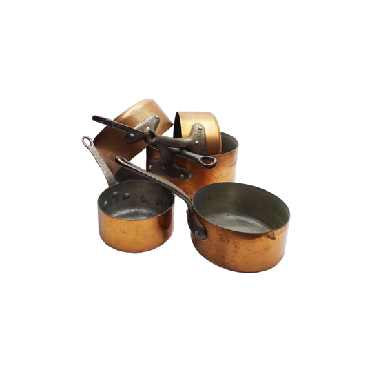 Vintage French Copper Pan Set, Factory Stamped "CU 5" with Cast Iron Handles, Graduated 12–20 cm, 1.25 mm