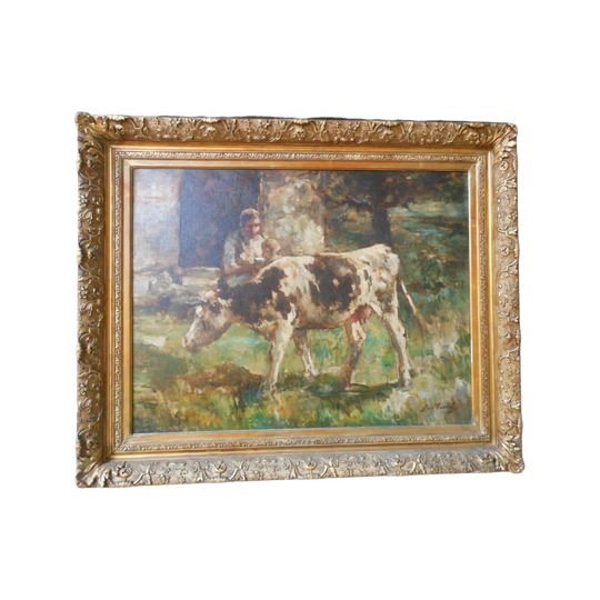 Antique French Impressionist Barbizon-Style Oil Painting of Cattle in Landscape, Signed Jacques van Mourik (1879–1965), Original Gilt Ornate Frame, 93 x 112 cm Framed