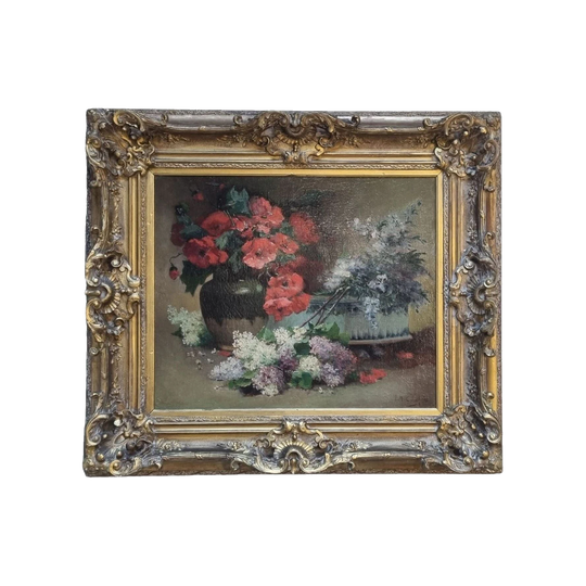 Eugène Henri Cauchois (1850–1911) Large French Still Life, Oil on Canvas on Panel, Ornate Antique Gilt Frame