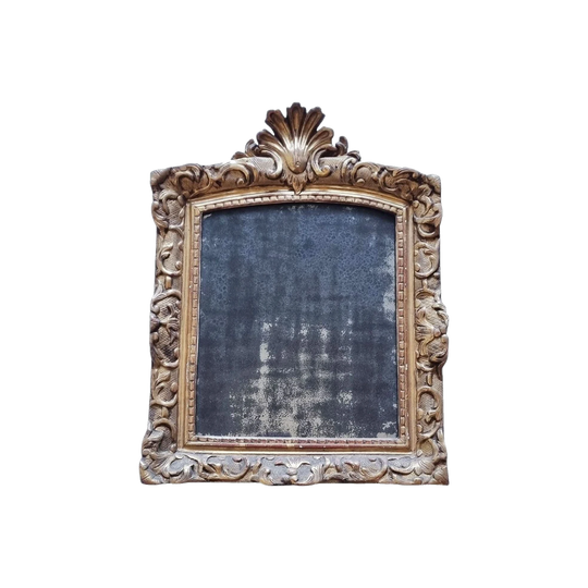 Antique French Louis XV-Style Mirror with Shell-Motif Gilt Frame and Original Distressed Glass
