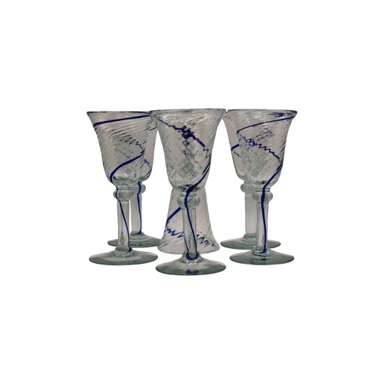 Hand blown Mexican style wine goblets with Cobalt Blue swirl. Set of 6