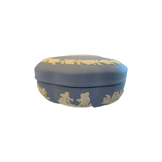 Wedgwood Jasperware Blue and White Lidded Trinket Bowl with Fluted Sides