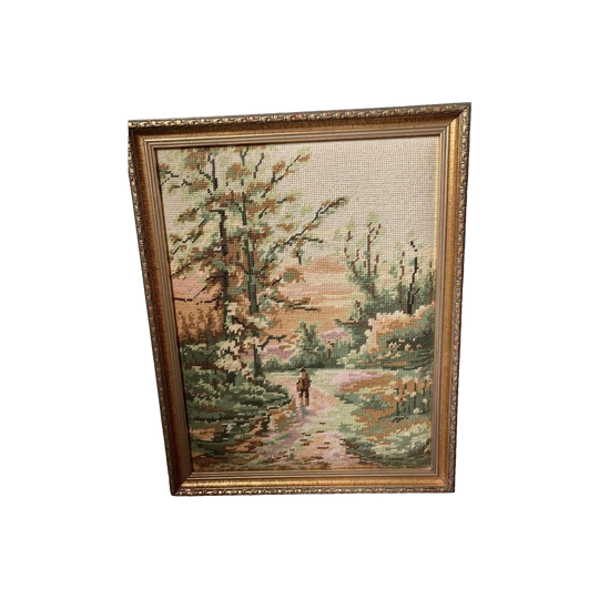 French Framed European Woodland Tapestry, Vintage