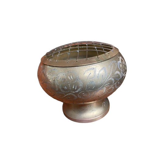 Indian Brass Rose Bowl Vase with Grate Top, Etched Floral