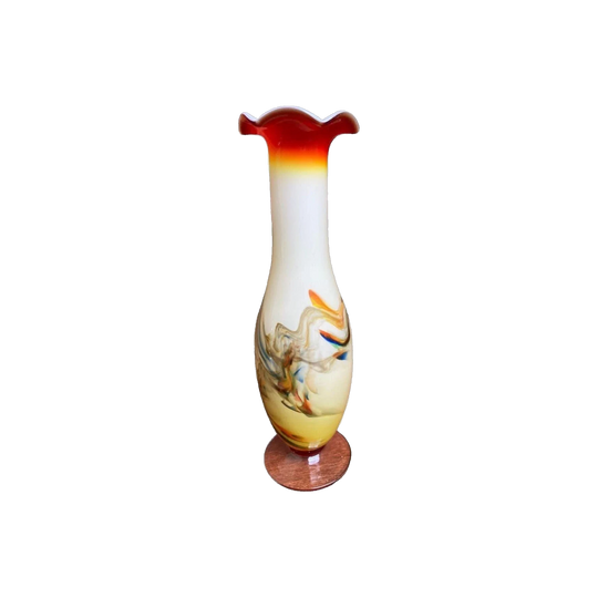 Mid-Century Modern Coloured Art Glass Specimen Vase with Fluted Top, Clear Footed Base and Milk Glass Interior, 23 cm