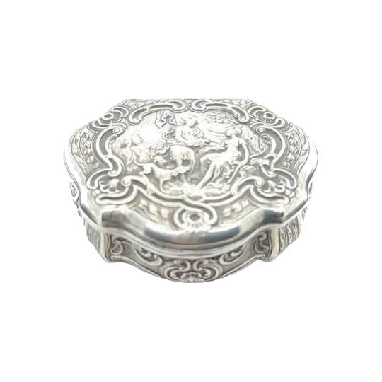 Victorian Sterling Silver Engraved Snuff Box by Samuel Boyce Landeck, German Origin, 1894
