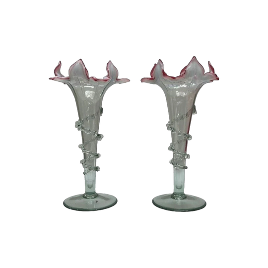 Pair of 19th-Century Ruby-Tipped Vaseline Vases, c.1890