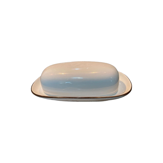 American Royalty Oval Lidded Ceramic Butter Dish, Japan, 1980s – White with Brown Trim