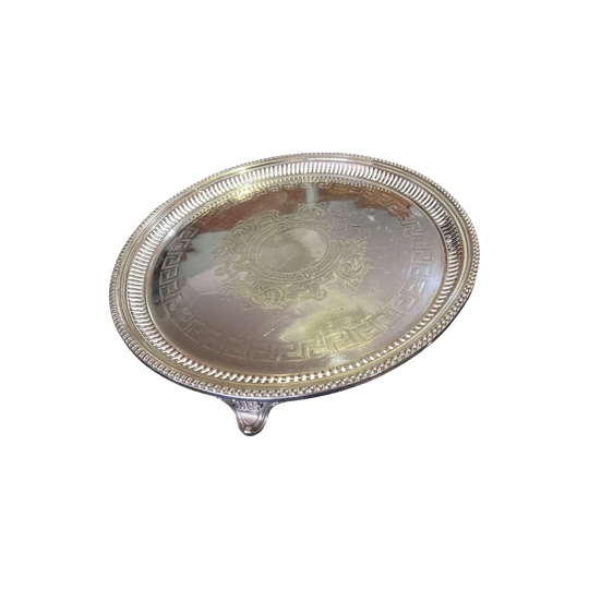 English EPNS Silver-Plated Pierced Footed Serving Tray, Greek Key, Beaded Rim, 31 cm