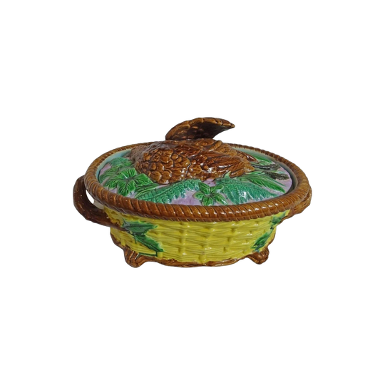 Antique English Majolica Game Pie Dish with Game Bird Handle