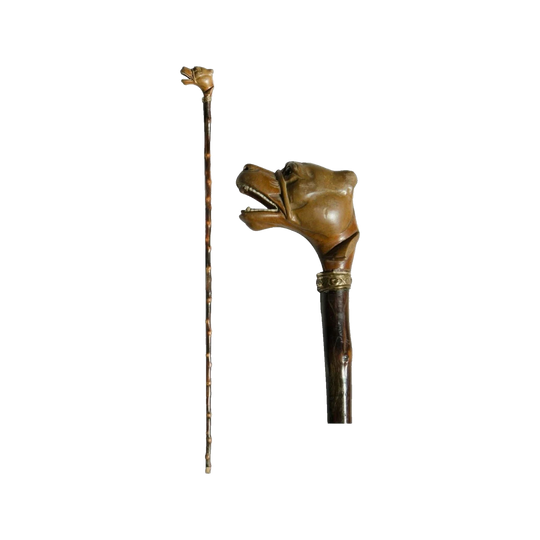 Antique French Carved Wood Dog Head Walking Stick, 87 cm