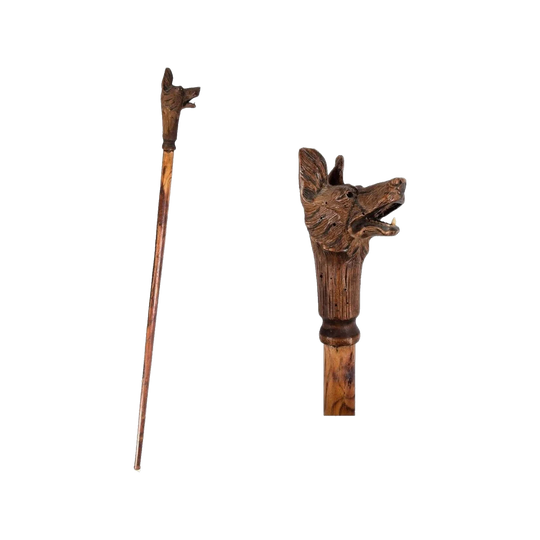 Vintage French Walking Stick with Carved Dog Head Handle
