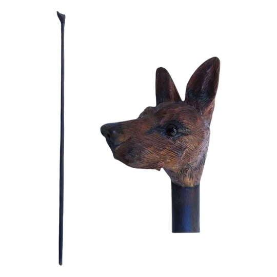 Tall Antique Carved Dog Head Walking Stick / Staff with Copper Ferrule, 171 cm