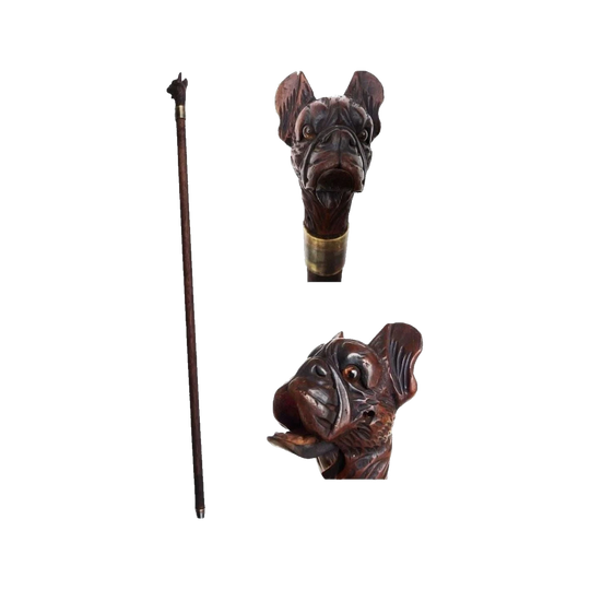 Antique Automaton Walking Stick with Carved Bulldog Head and Articulated Mouth