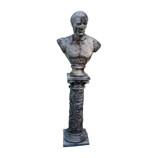 Cast Stone Bust of Julius Caesar on Stand, Two-Piece Garden Sculpture, 148 cm H