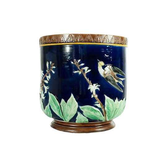 Antique English Majolica Jardiniere, Large Cobalt Blue Ground with Birds and Flowers, Attributed to Joseph Holdcroft