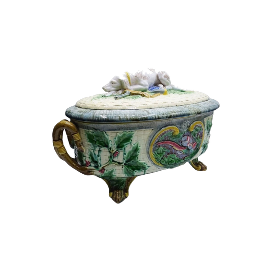 Antique Minton Majolica Game Pie Dish with Gun Dog to Lid