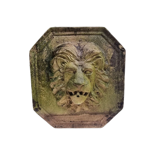 Vintage Cast Stone Lion Head Garden Fountain Wall Plaque, Plumbed Mouth