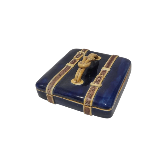 Brown Westhead Moore & Co Majolica Box and Cover – Belted Suitcase Form, Cobalt Blue and Tan