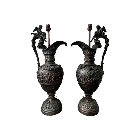 Pair of Early 1900s Italian Heavy Cast Brass Ewer-Form Table Lamps with Cherubs
