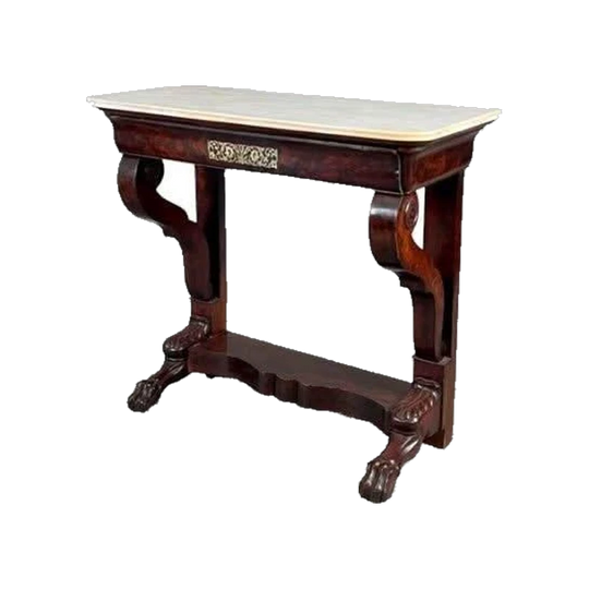 Antique French Restauration Period Mahogany Console / Hall Table with White Reeded-Edge Marble Top, Brass-Inlaid Drawer and Paw Feet, 1820–1829