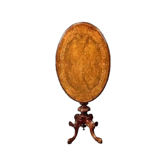 Antique English Victorian Oval Walnut Tilt-Top Occasional Table with Marquetry Inlay