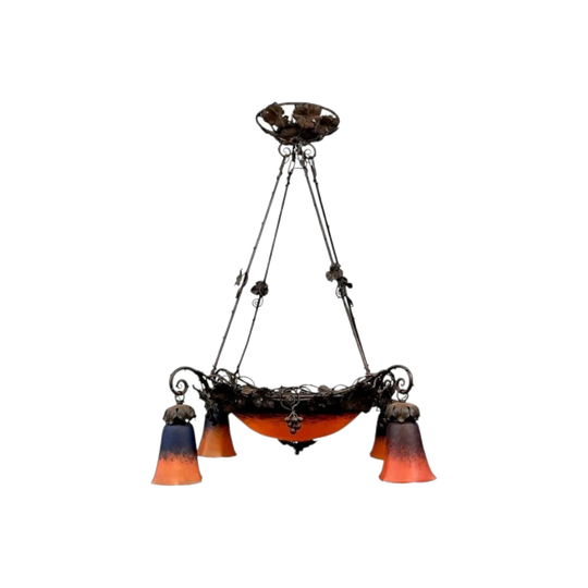 Antique French Early 1900s Art Nouveau Wrought Iron and Pâte de Verre Eight-Light Ceiling Light, Schneider-Signed Shade