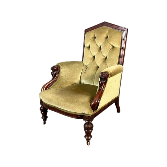 Antique English Victorian Mahogany Gentleman’s Lounge / Library Chair, 1870s, Bergère Form with Carved Lion-Head Grips