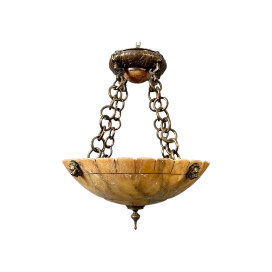 1930s French/Italian Alabaster and Bronze Pendant Light with Lion Head Mounts
