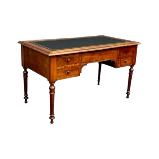 Early 1900s French Solid Oak Semi-Pedestal Bureau Plat / Writing Desk with New Gold-Tooled Leather