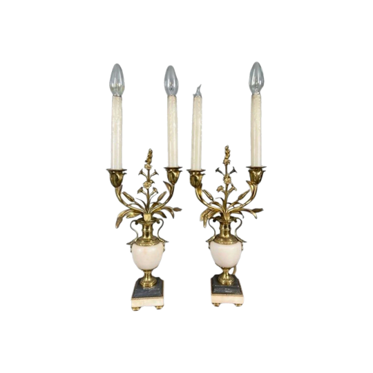 Pair of French 1920s–30s Alabaster and Gilt Brass Electrified Candelabra Garnitures