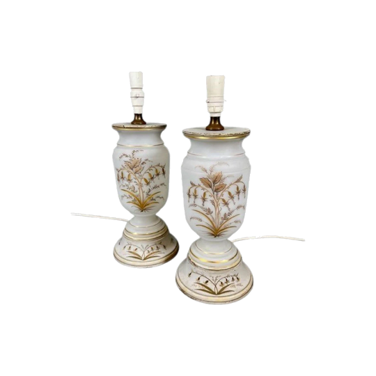 Pair of Antique Victorian Milk Glass Etched & Gilt Vases Converted to Table Lamps with Turned Painted Timber Bases