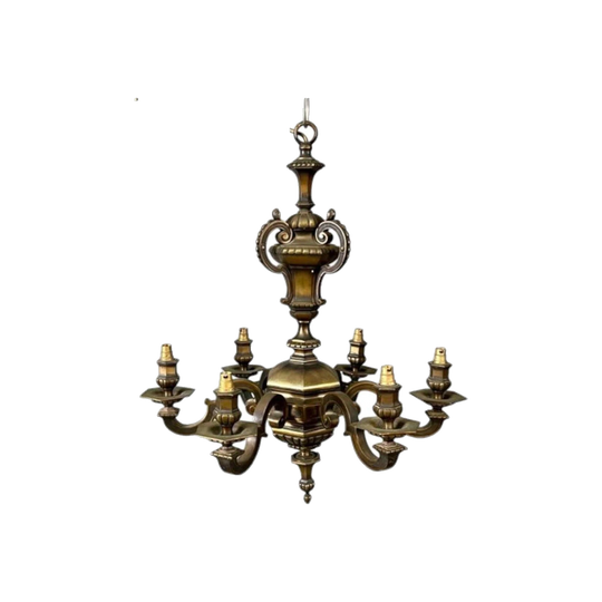 Pair of English Early 1900s Heavy Bronze Six-Arm Electroliers (Electric Chandeliers)