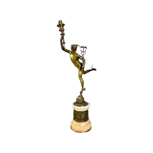 Vintage Italian Cast Bronze Figure of Mercury Holding a Lamp on a Cylindrical Base