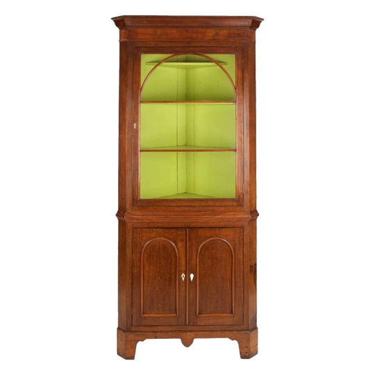 Antique English Late Georgian Solid Oak Two-Height Corner Cupboard, Glazed Display Top