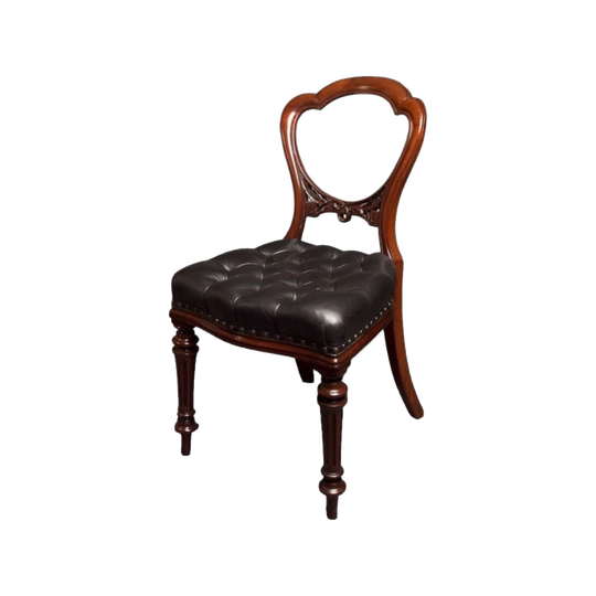 Set of Six Antique English Victorian Mahogany Dining Chairs, Show Timber Frames with Semi Balloon Backs and Diamond-Buttoned Studded Leather Seats
