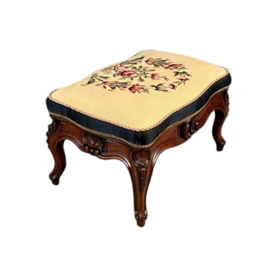 Antique French 19th-Century Rosewood Louis XV-Style Stool with Tapestry Upholstery and Storage