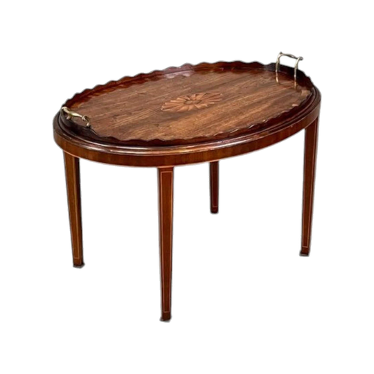 Antique English Georgian Inlaid Mahogany Oval Tray on Later Sheraton-Style Base — Coffee Table